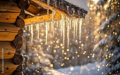Obraz na płótnie Icicles hang from a wooden cabin in a snowy landscape, illuminated by warm sunlight. w salonie