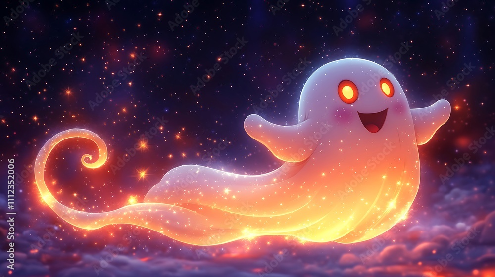Cute glowing ghost flying in starry night sky. Cute glowing ghost flying in starry night sky.
