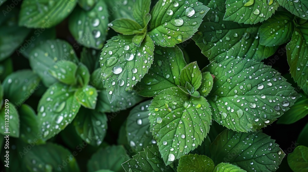Close-up of dew drops on lush green leaves. Close-up of dew drops on lush green leaves.