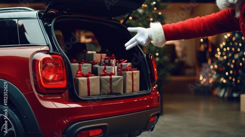 Obraz na płótnie Gifts in red car's trunk during a festive night setup. w salonie