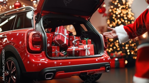 Gift-laden red car trunk in festive Christmas setting.