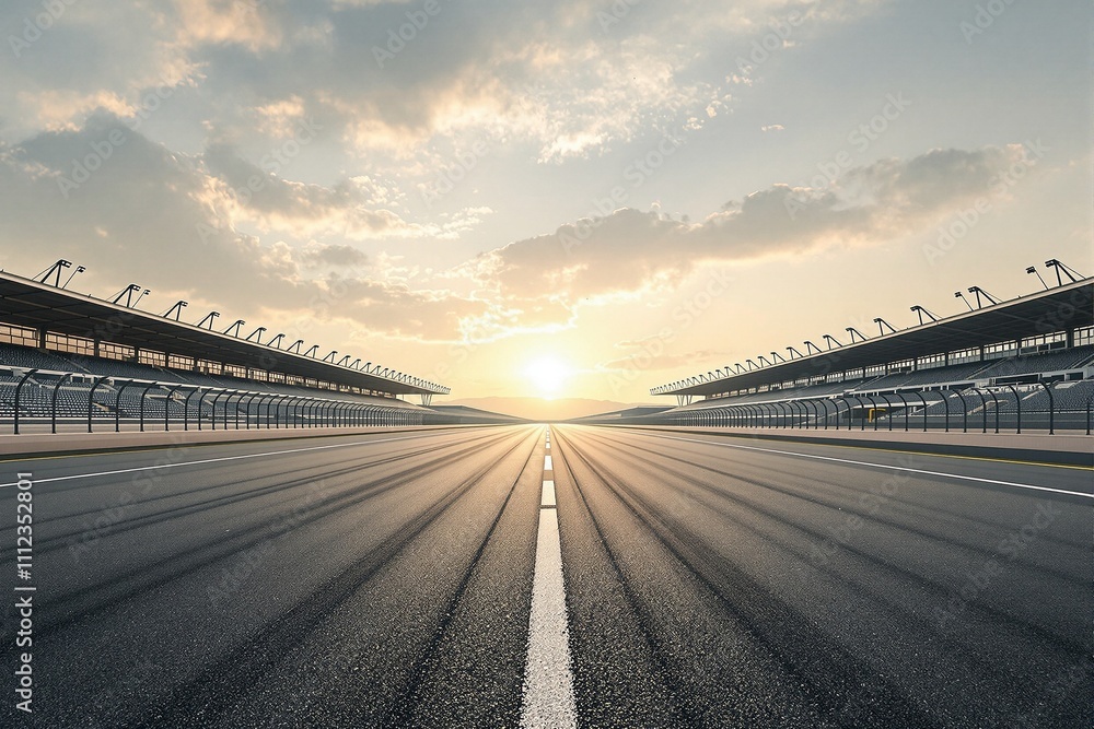 Fototapeta premium Dramatic Sunset Over a Racing Circuit with Pit Buildings and Empty Track