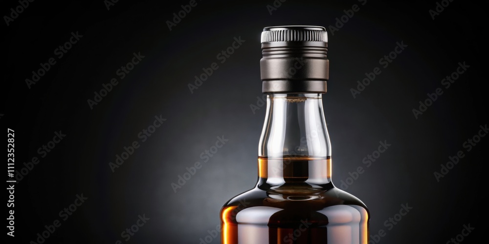Closeup of black metallic screw cap on tall whiskey bottle, isolated on a black background, black metallic Closeup of black metallic screw cap on tall whiskey bottle, isolated on a black background, black metallic