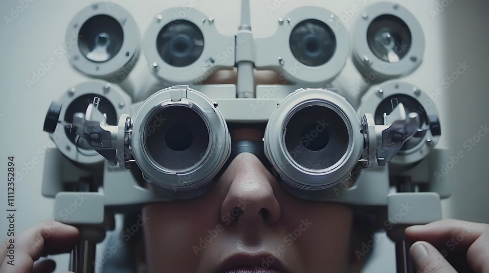 A person using an eye test device in a clinical setting. A person using an eye test device in a clinical setting.
