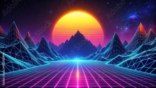 Retro futuristic sci-fi landscape with neon lights, low poly terrain grid, mountains, sun, and stars, retrowave, VJ photo