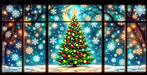 Wallpaper Mural Christmas Tree Decoration Scene with Snowflakes and Starry Night View Torontodigital.ca