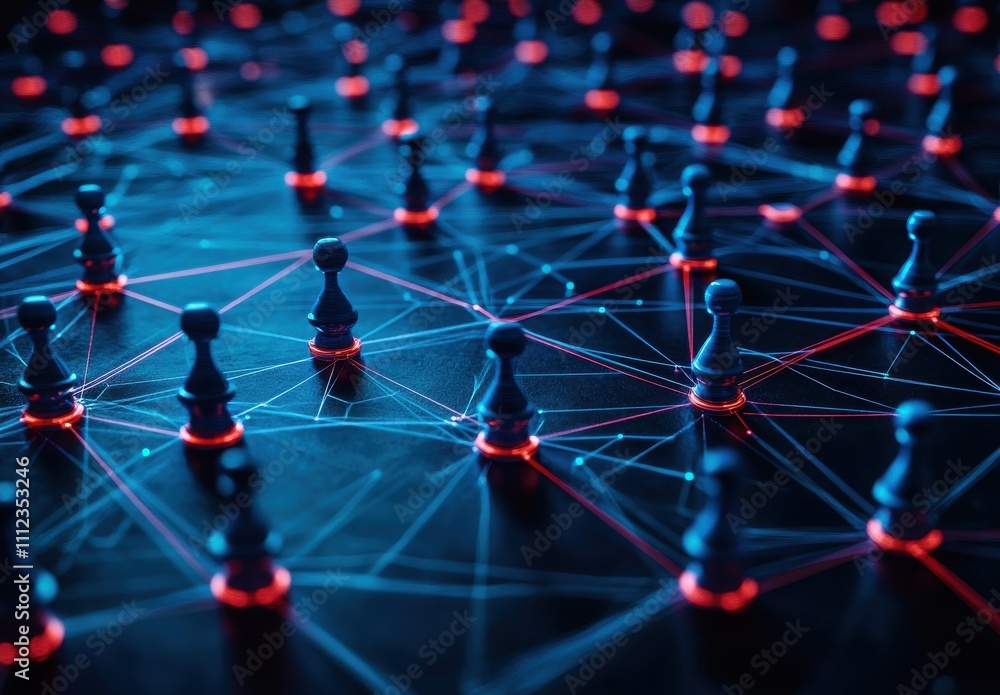 Digital Network Connection with Blue Game Pawns and Red Neon Lines Representing Strategy and Interaction in a Virtual Space Digital Network Connection with Blue Game Pawns and Red Neon Lines Representing Strategy and Interaction in a Virtual Space