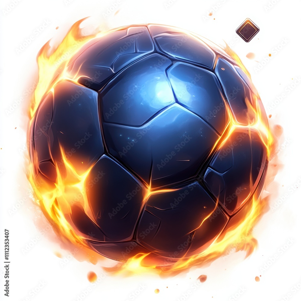 Naklejka premium Dynamic and Energetic Soccer Ball Surrounded by Flames Depicting Motion and Passion for Sport in a Captivating Visual Display