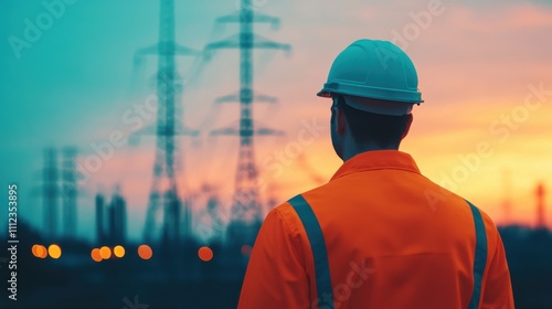 Electrical Engineer Inspects Substation at Sunset