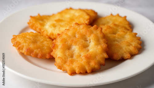 Placki ziemniaczane in golden brown, close-up of traditional Polish potato pancakes on a white plate photo