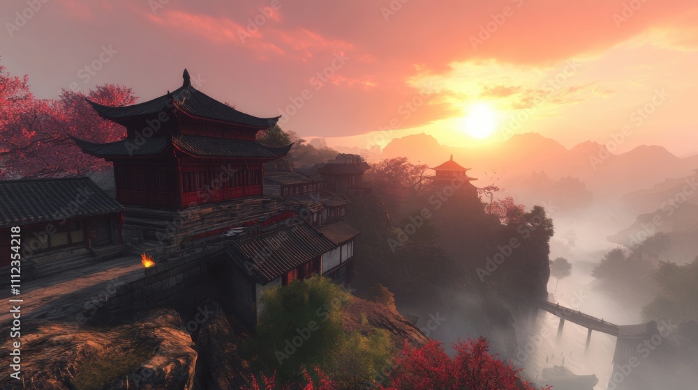 Obraz premium Serene Sunset Over Ancient Asian Village Amidst Lush Mountain Landscape and Tranquil Waters with Cherry Blossoms in Full Bloom
