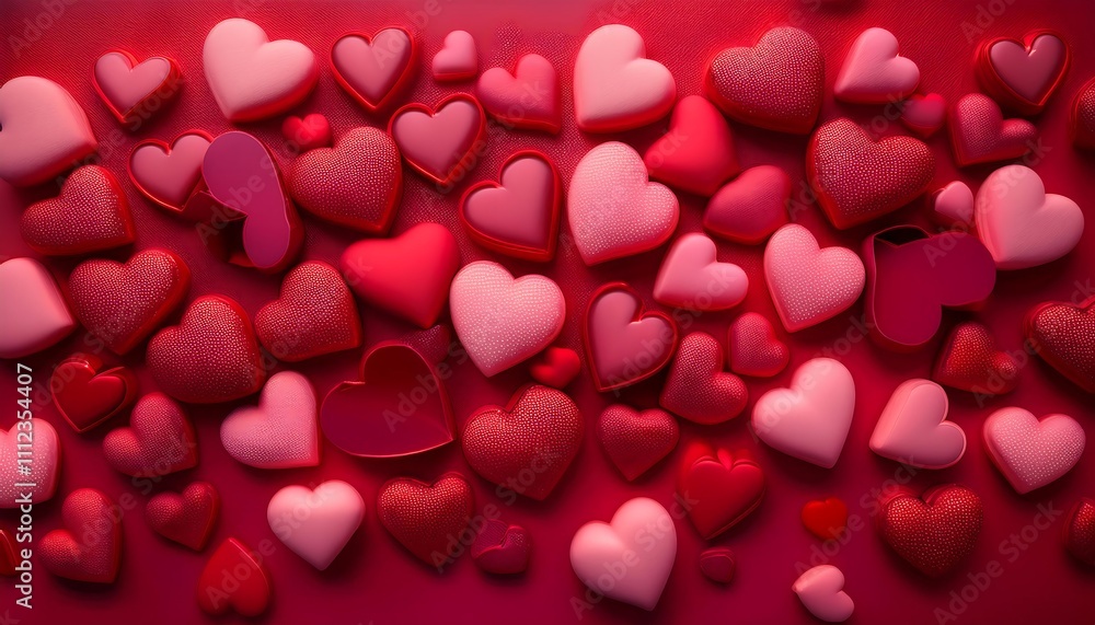 Many small hearts in shades of red and pink on a red background. Many small hearts in shades of red and pink on a red background.