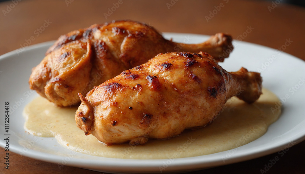 Crispy pollo a la brasa in close-up with copy space in warm hues for appetizing meal presentation Crispy pollo a la brasa in close-up with copy space in warm hues for appetizing meal presentation
