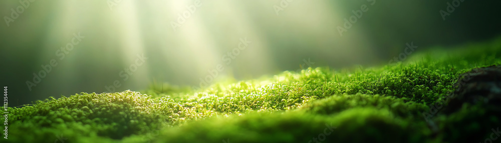 Close-up of lush green moss by soft, natural sunlight filtering through trees. Close-up of lush green moss by soft, natural sunlight filtering through trees.