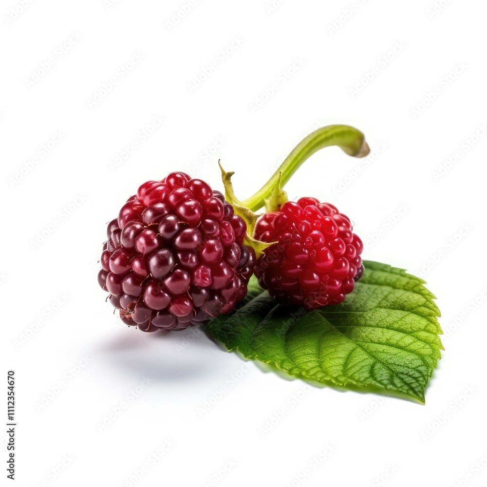 Two ripe blackberries with green leaf. Two ripe blackberries with green leaf.
