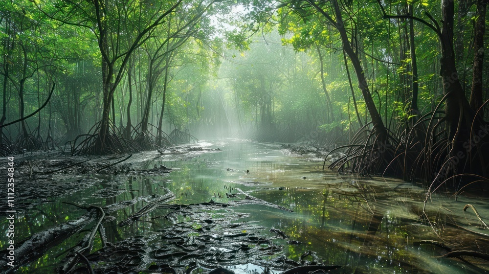 Obraz premium Enchanting Misty Mangrove Forest Stream with Lush Green Vegetation Tranquil Reflection and Ethereal Atmosphere A serene peaceful and atmospheric natural landscape scene
