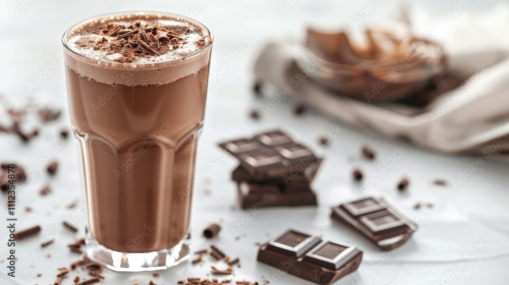 An elegant chocolate milkshake in a glass jug with a rich, creamy texture and chocolate shavings, set on a white table with a bright white backdrop An elegant chocolate milkshake in a glass jug with a rich, creamy texture and chocolate shavings, set on a white table with a bright white backdrop
