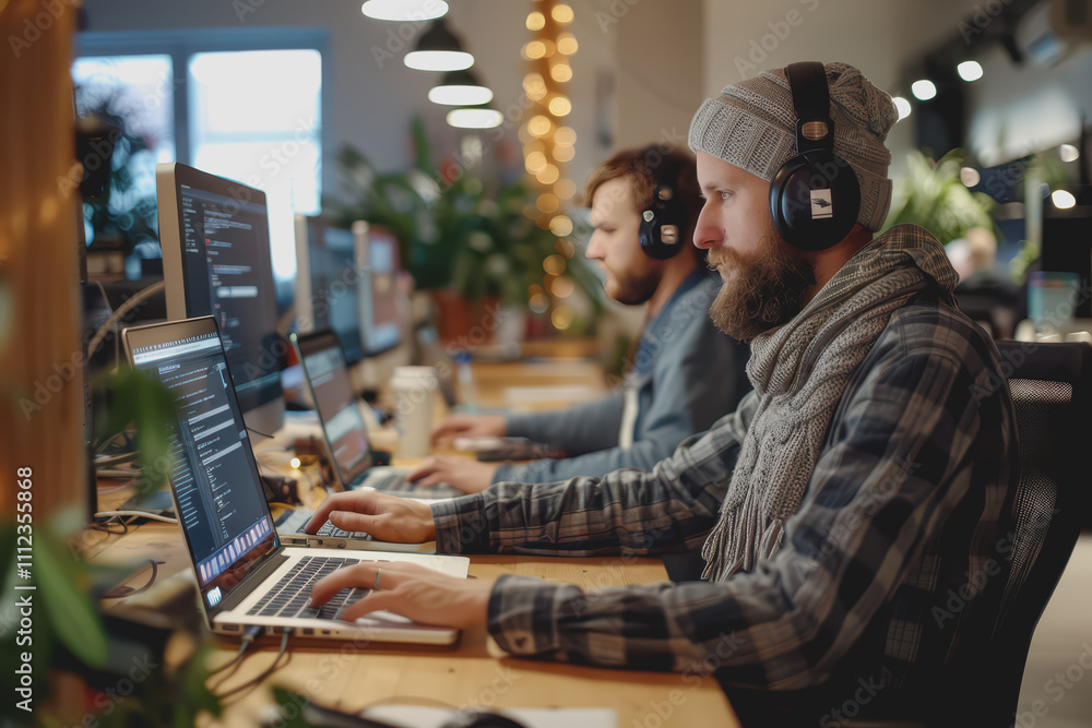 Team of male and female software developers writing code on laptops in real working environment. Team of male and female software developers writing code on laptops in real working environment.
