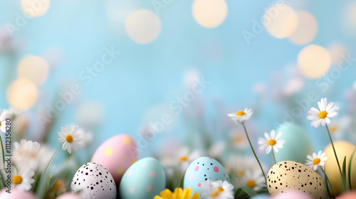 Easter-themed background with colorful pastel eggs, white daisies, and a soft blue bokeh effect. The vibrant springtime colors and floral elements create a festive and cheerful atmosphere 