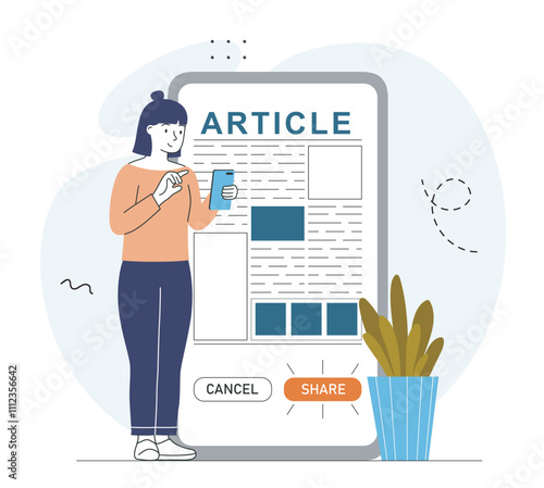 Woman shares article. Young girl with smartphone upload article at website. Freelancer, copywriter and content creator. Linear vector illustration