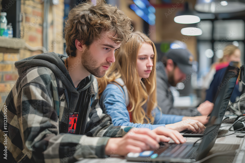Team of male and female software developers writing code on laptops in real working environment. Team of male and female software developers writing code on laptops in real working environment.