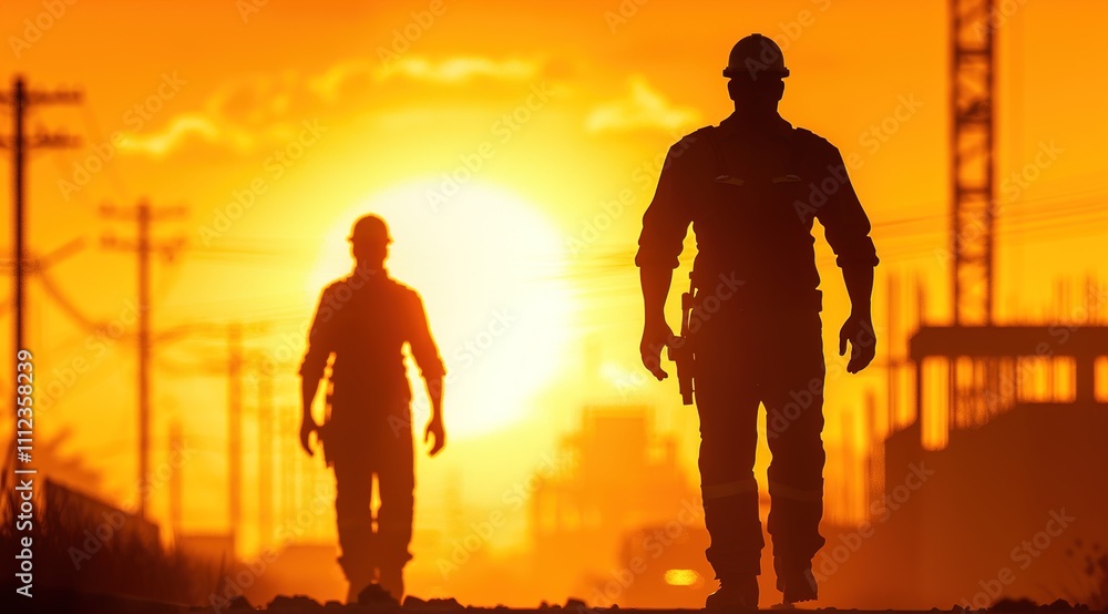 Silhouette of Engineer and worker on building site Silhouette of Engineer and worker on building site