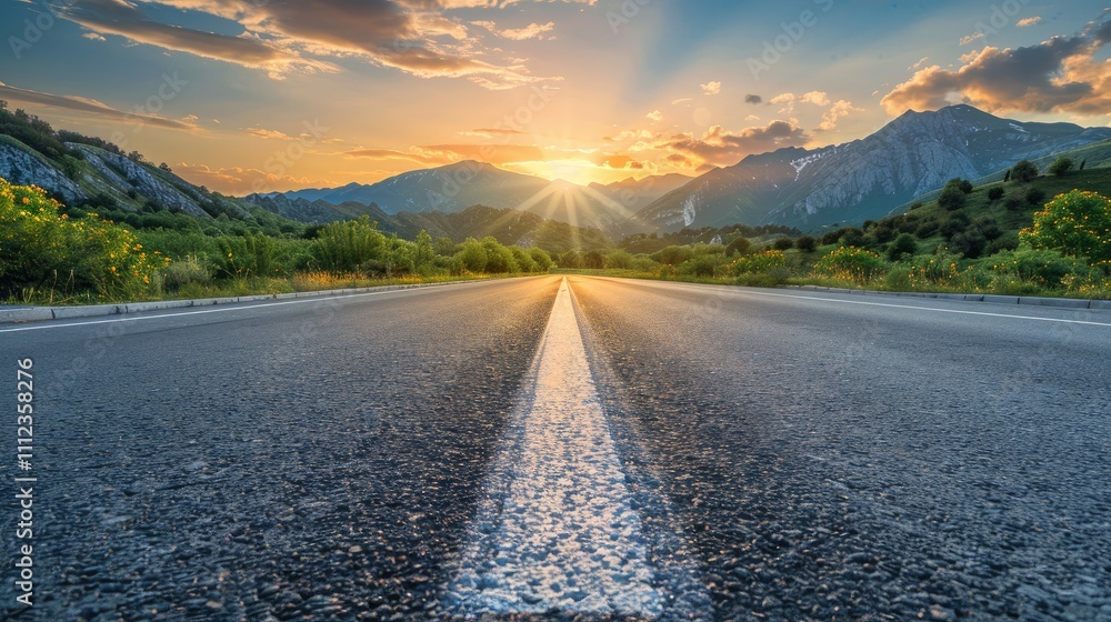 Serene Sunset Landscape with a Road Winding Through Mountains Serene Sunset Landscape with a Road Winding Through Mountains