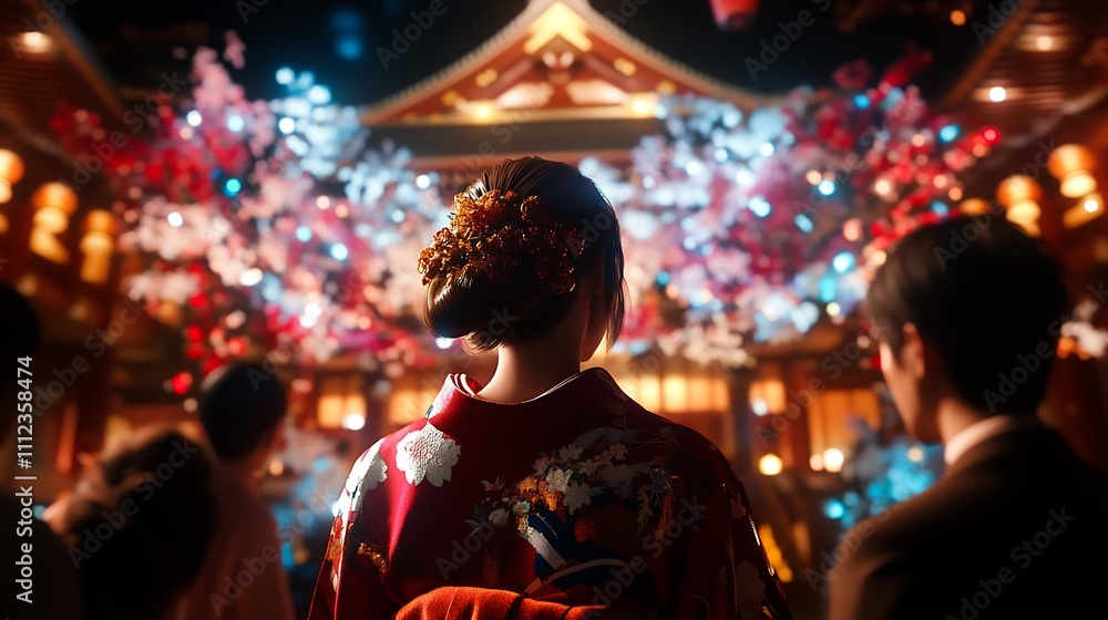 Woman in kimono viewing colorful light display at night in Japan. Woman in kimono viewing colorful light display at night in Japan.