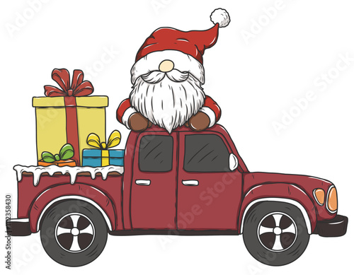 Illustration of Santa Claus in a pickup truck and gift boxes