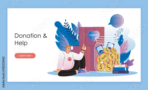 Donation landing page. Man near cardboard boxes and jar with golden coins. Charitable organization volunteer. Altruism, generosity and kindness. Flat vector illustration