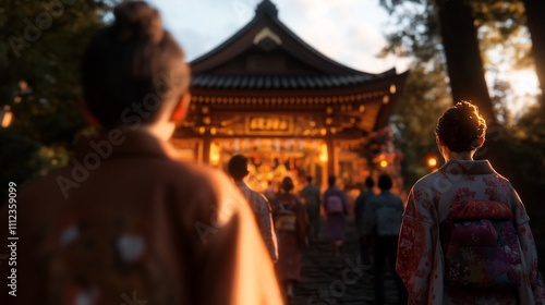 Wallpaper Mural Women in kimonos approach a Japanese temple at sunset. Torontodigital.ca