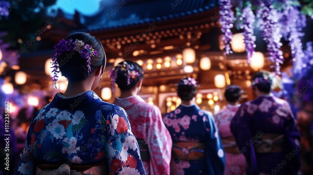 Women in kimonos at night, facing a temple. Women in kimonos at night, facing a temple.