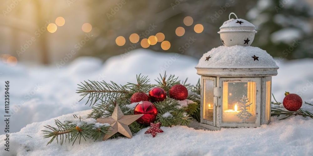 A snow-covered lantern with a warm candlelight, surrounded by festive evergreen branches, red ornaments, and a gold star, creates a magical winter scene. A snow-covered lantern with a warm candlelight, surrounded by festive evergreen branches, red ornaments, and a gold star, creates a magical winter scene.