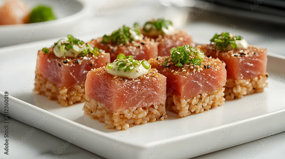 Spicy Tuna Crispy Rice with Wasabi Aioli and Togarashi, Appetizer Photography Spicy Tuna Crispy Rice with Wasabi Aioli and Togarashi, Appetizer Photography