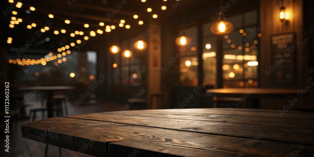 Rustic wooden table in a dimly lit establishment with warm lighting and blurred background Rustic wooden table in a dimly lit establishment with warm lighting and blurred background