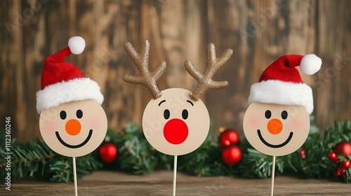 Festive holiday decorations featuring smiling faces and reindeer, designed for a Christmas business campaign to enhance seasonal cheer. photo