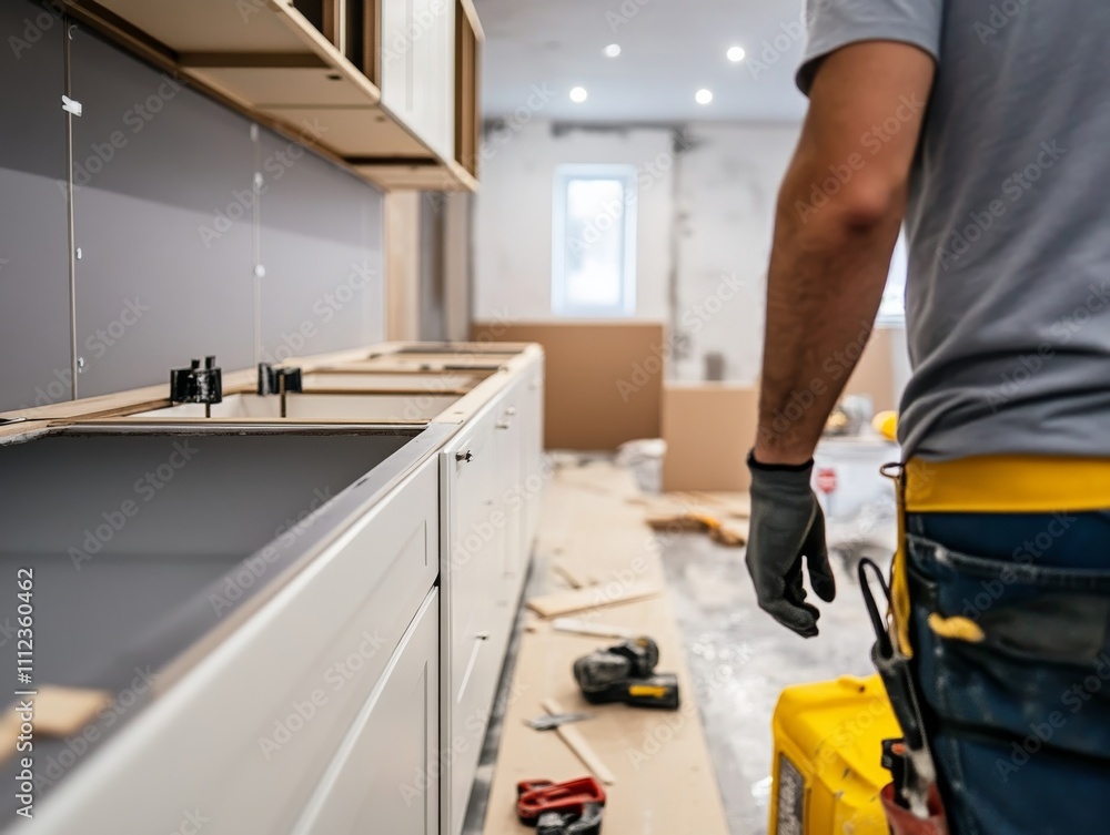 A man stands in a half-finished kitchen, overseeing the installation of white cabinets while tools and materials are scattered across the floor A man stands in a half-finished kitchen, overseeing the installation of white cabinets while tools and materials are scattered across the floor