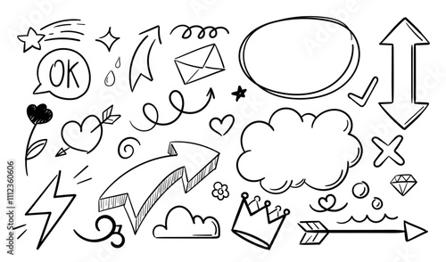 Doodle elements set. Arrows, flower, speech bubble, crown and heart. Back to 80s and 90s. Minimalist creativity and art. Linear vector collection
