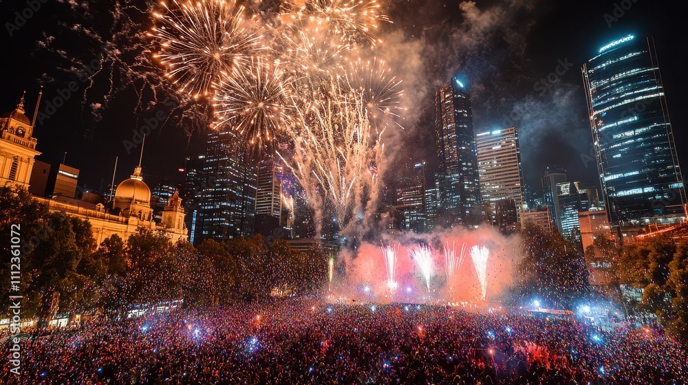 Naklejka premium Spectacular Nighttime Fireworks Display with City Skyline and Crowd Celebrating in Melbourne, Australia during New Year's Eve Festivities