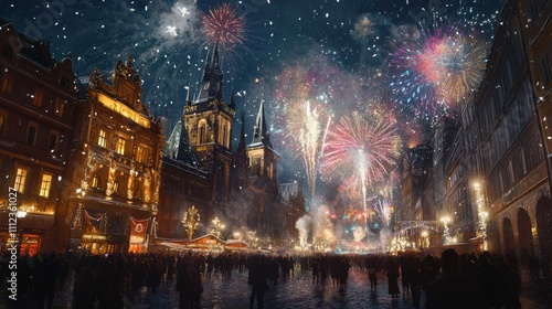 Spectacular New Year's Eve Celebration with Colorful Fireworks Over Historic City Square, Illuminated Buildings, and Joyful Crowds Enjoying the Festive Atmosphere