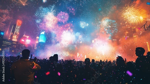 Breathtaking Night Sky Illuminated by Colorful Fireworks Over a Large Crowd Celebrating, Celebrations, Excitement, and Joy in a Vibrant Urban Setting