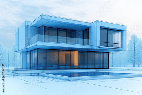 A modern two-story house with large glass windows and a flat roof, situated near a swimming pool.