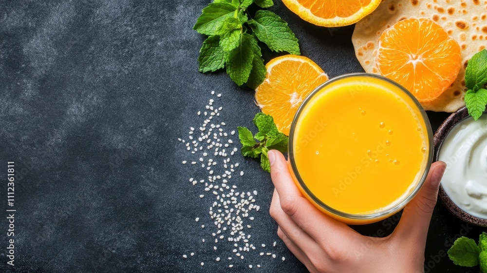 Fresh Orange Juice with Mint and Ingredients on Dark Background Fresh Orange Juice with Mint and Ingredients on Dark Background