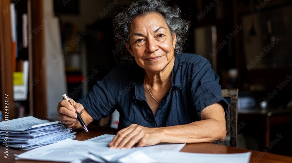 An elderly person sits at a kitchen table, focused on paperwork with a pen in hand, while soft natural light creates a warm atmosphere An elderly person sits at a kitchen table, focused on paperwork with a pen in hand, while soft natural light creates a warm atmosphere