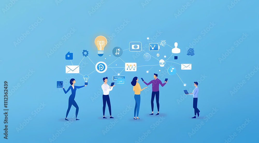 Teamwork Makes the Dream Work: A diverse team collaborates using innovative technology, surrounded by interconnected icons representing communication, finance, and ideas. Teamwork Makes the Dream Work: A diverse team collaborates using innovative technology, surrounded by interconnected icons representing communication, finance, and ideas.