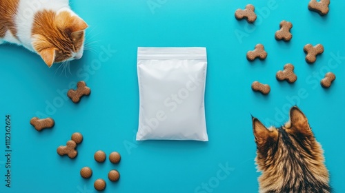 Two cats examine treat bag amidst scattered snacks photo