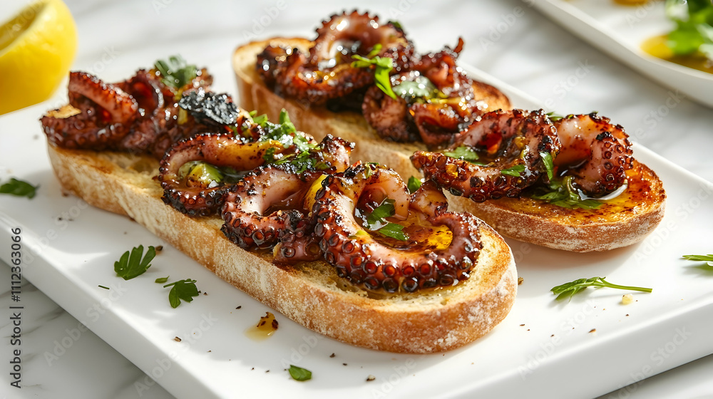 Charred Octopus Toast with Calabrian Chili Butter and Preserved Lemon, Appetizer Photography Charred Octopus Toast with Calabrian Chili Butter and Preserved Lemon, Appetizer Photography