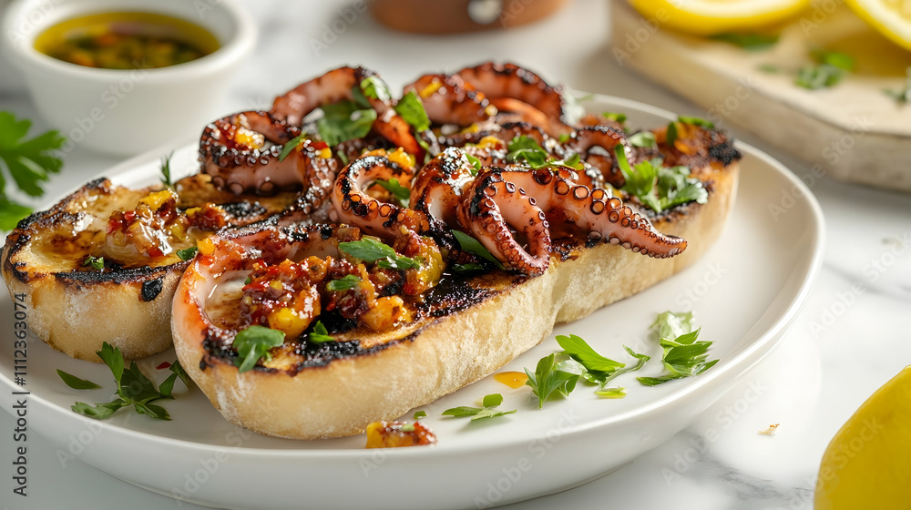 Charred Octopus Toast with Calabrian Chili Butter and Preserved Lemon, Appetizer Photography Charred Octopus Toast with Calabrian Chili Butter and Preserved Lemon, Appetizer Photography