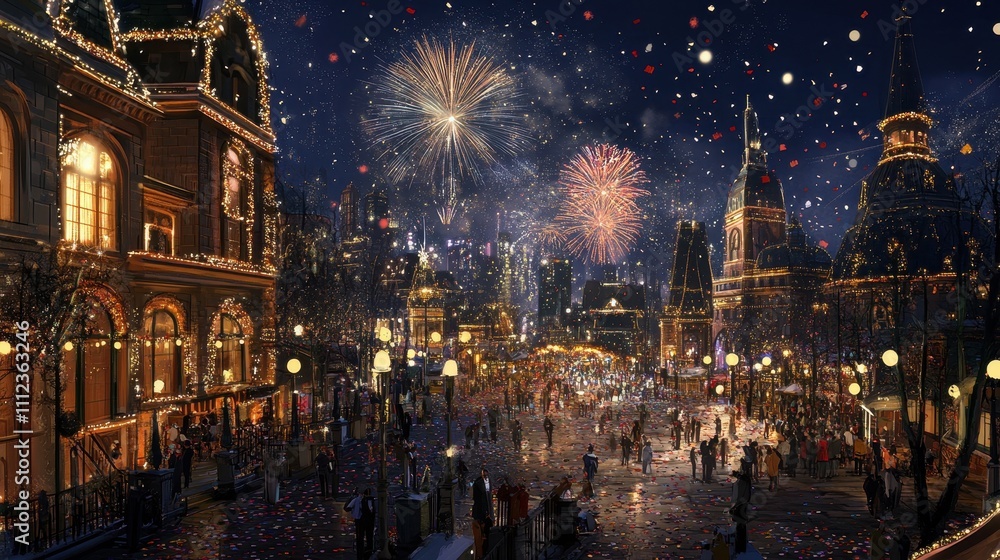 Naklejka premium Festive Night in a Glowing Town Square with Fireworks, Beautiful Lights, and Revelers Celebrating New Year's Eve in a Magical Winter Wonderland Scene