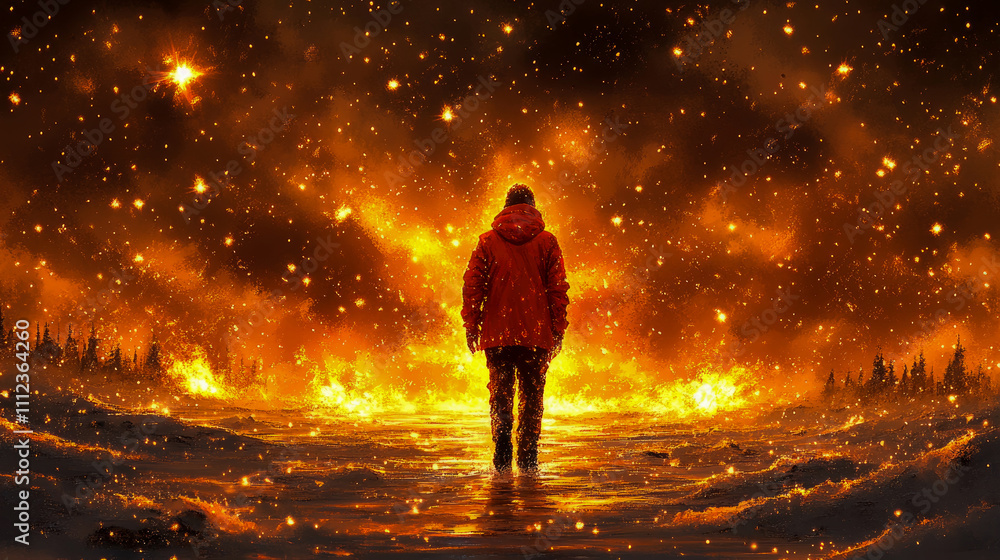 A figure in a red coat walks toward a mesmerizing display of flames and sparks, surrounded by snow-covered terrain at dusk A figure in a red coat walks toward a mesmerizing display of flames and sparks, surrounded by snow-covered terrain at dusk